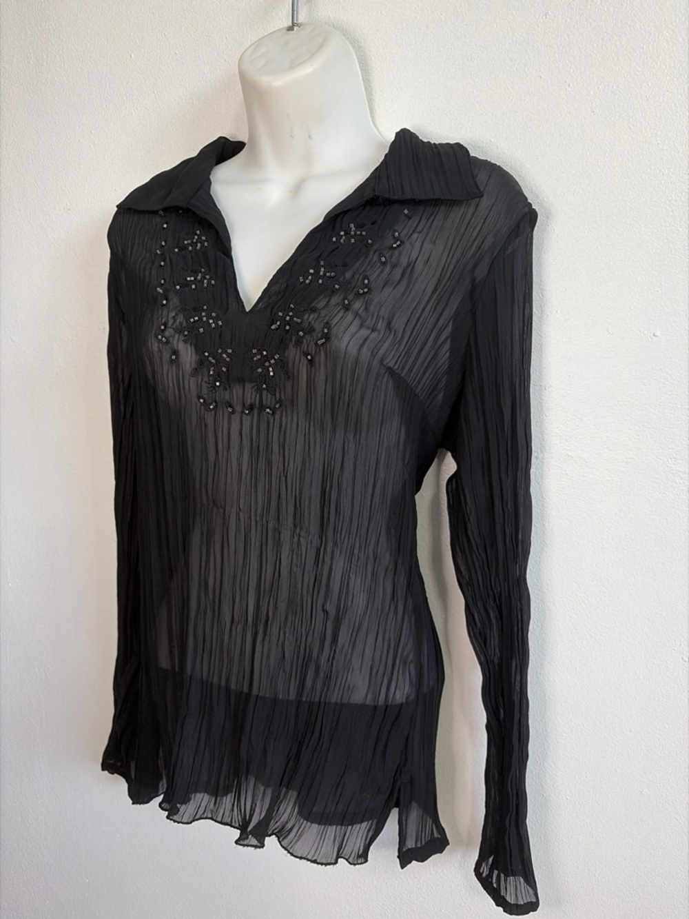 Sheer Black Crinkle Chiffon Beaded Blouse Size M Boho Long Sleeve